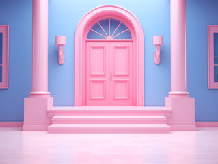 3D render of a pink open door with palm trees modren minimal architecture design