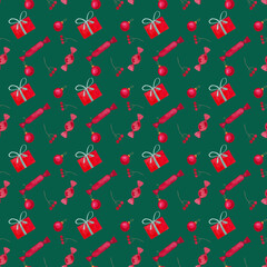 Simple Christmas seamless pattern drawn in watercolors by hands. New Year's 2024 gifts and decorations, fir branches, pine. red berries