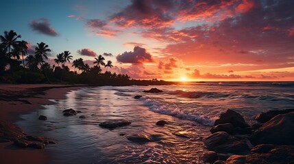 Hawaiian coconut palms silhouetted against a sun - obrazy, fototapety, plakaty