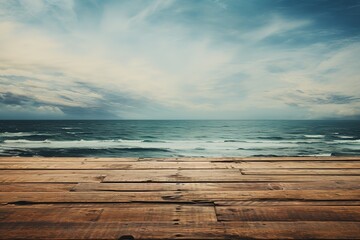 Fototapeta na wymiar Wooden floors and ocean backdrop Suitable for a beach use. The beauty of nature