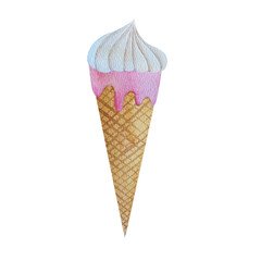 hand-drawn watercolor ice cream illustration, ice cream in a waffle cone, cake