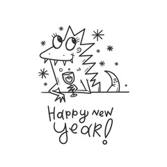 New Year card with cute cartoon dragon. Chinese calendar symbol. Vector holiday poster. Funny animal. Contour  doodle image no fill.