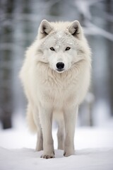Professional Close up of a White and Grey Wold Stanging in the Middle of the Snowy Forest while Looking right at the Camera.
