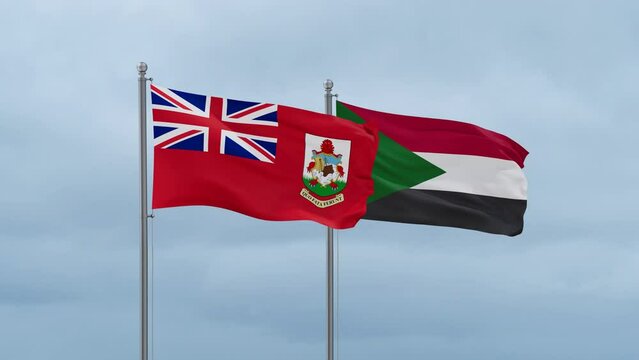 Sudan and Bermuda flag waving together on cloudy sky, endless seamless loop, two country cooperation concept