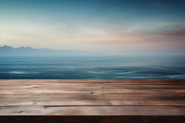 Fototapeta na wymiar Empty wood plank table top with blue ocean seaview