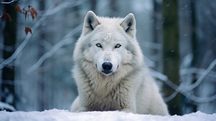 Obraz premium Professional Close up of a White and Grey Wold Stanging in the Middle of the Snowy Forest while Looking right at the Camera.