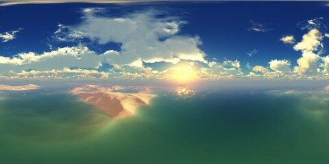 Fototapeta premium HDRI High resolution map, environment map, Round panorama, spherical panorama, equidistant projection, sea sunset, panoramic, 3D rendering. Sunset over a tropical island 
