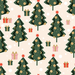 Green ornate Christmas tree with star forms a festive seamless modern pattern for textiles and wrapping paper. 