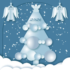 Christmas greeting card. Design elements in the style of paper toys. Universal vector templates with festive Christmas tree and toys in the form of angels, snowflakes, snowfall on blue background. 