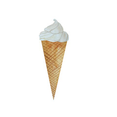 hand-drawn watercolor ice cream illustration, ice cream in a waffle cone, cake