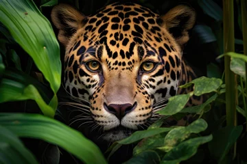 Fototapeten Close-up of a leopard's face in a tropical forest © Veniamin Kraskov