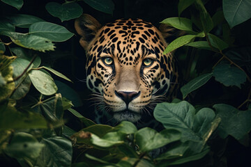 Close-up of a leopard's face in a tropical forest