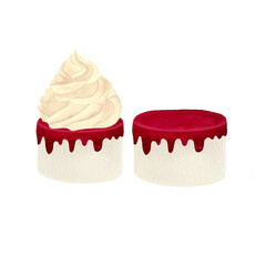 cake illustration drawn in watercolor, sponge cake with cream and icing