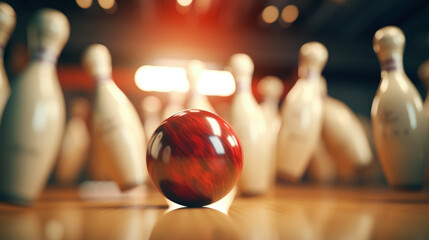 Close up view of bowling pins being hit by bowling ball. - obrazy, fototapety, plakaty