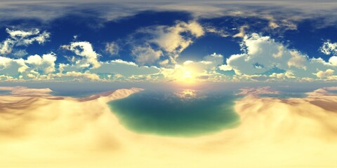 HDRI High resolution map, environment map, Round panorama, spherical panorama, equidistant projection, sea sunset, panoramic, 3D rendering. Sunset over a tropical island 