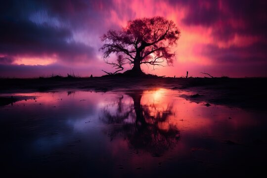 Professional Photo of a Bare Tree with a Lake in front of it Reflecting the Pink and Purple Clouds of the Sunset in the Sky.