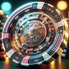 Luxurious and detailed casino chips and roulette wheel with intricate designs on a reflective surface
