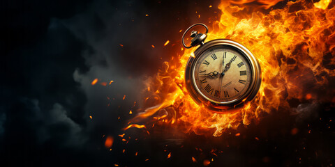 Vintage pocket watch enveloped in blazing flames and smoke, representing urgency, running out of time or deadline pressure on a dark background