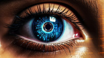 Close-up of human eye with futuristic digital overlay, concept of biometric scanning technology and advanced personal identification - obrazy, fototapety, plakaty