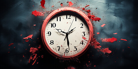 Distorted wall clock melting away with a grunge background symbolizing the fleeting nature of time and the concept of temporal distortion or deadline pressure - obrazy, fototapety, plakaty