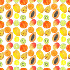 pattern of exotic fruits, hand drawn in watercolors, print for paper and fabric. Drawing of fruits for a store sign