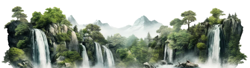 Papier Peint photo Route en forêt Cascading waterfalls in a lush green place, cut out