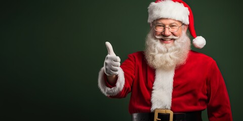 Fototapeta na wymiar Santa Claus giving a thumbs up with a joyful smile, against a plain green studio backdrop