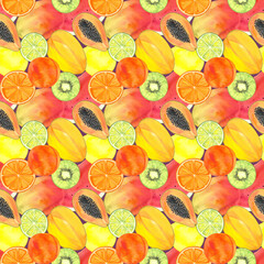 pattern of exotic fruits, hand drawn in watercolors, print for paper and fabric. Drawing of fruits for a store sign