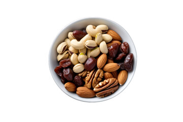 vu de dessus d'un bol rempli d'un assortiment de noix, noix de pécan, cacahouète, noisette, raisins secs et pistache