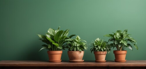 Potted plants on a wooden table against a green wall with copy space