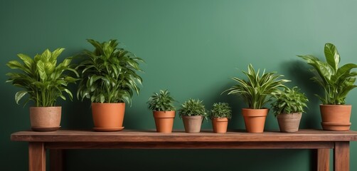 Potted plants on a wooden table against a green wall with copy space