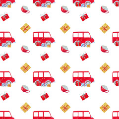 Christmas pattern with car and gifts, hand drawn New Year print, Santa Claus transport.