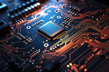 A detailed view of an electronic circuit board from a computer, featuring numerous components and a central processing unit. Created with generative AI tools