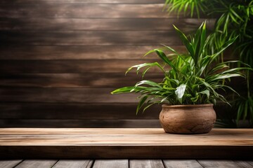 The wooden platform complements the greenery of the plant in the background. Created with generative AI tools