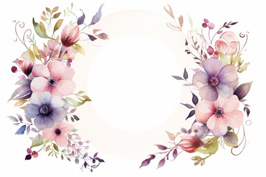 This watercolor floral frame presents a symmetrical composition, with two wreaths made of multicolored flowers and leaves, set against a clean white backdrop. Created with generative AI tools