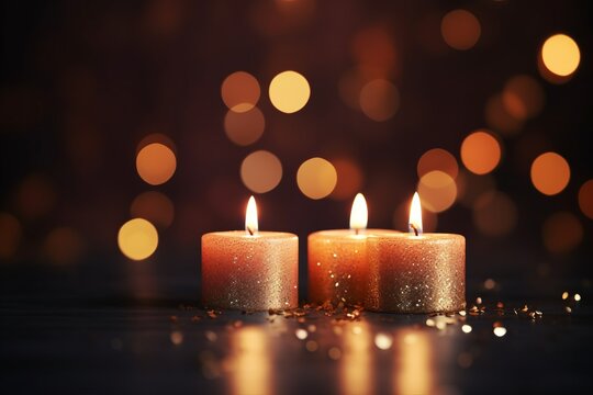 Three burning candles creating a celebratory mood, enhanced by the blurred lights. This image encapsulates the festive concept and leaves room for your text. Created with generative AI tools
