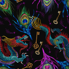 Embroidery chinese dragons, golden keys and colorful feathers seamless pattern. Fashion oriental template for cothes, textile design