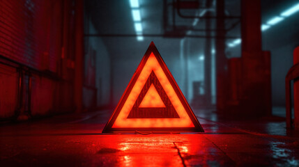 Red automotive safety triangle in perspective glowing on a dark background
