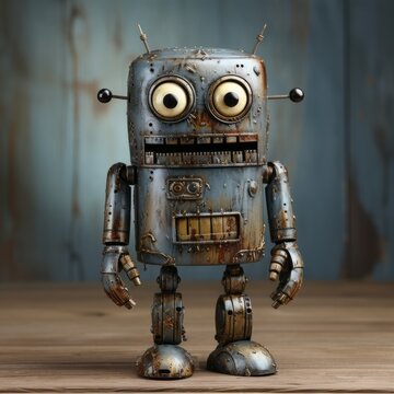Close up of robot toy with a black eye. Metal children's toy, wooden ground. Old humanoid robot.