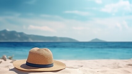 Summer composition on sandy beach with hat at blue sea as background. Summer vacation concept. - obrazy, fototapety, plakaty