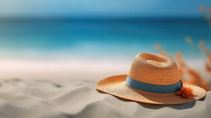 Straw hat on the beach close-up, summer background.  - obrazy, fototapety, plakaty