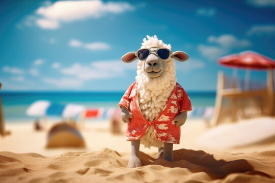Schaf in Badeoutfit und Sonnenbrille