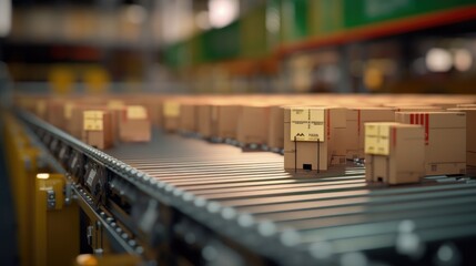Obraz premium Multiple cardboard boxes moving on a conveyor belt in a warehouse, delivery of e-commerce delivery, automation and products.