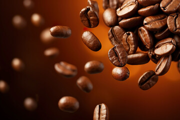 Flying coffee beans on dark brown background with copy space. Close up