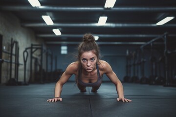 Fototapeta na wymiar Exemplifying Perseverance: Young Woman's Face Reflects Determination and Vitality in Intense Gym Workout