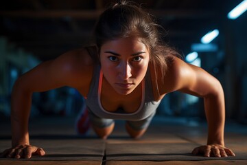 Fototapeta na wymiar Exemplifying Perseverance: Young Woman's Face Reflects Determination and Vitality in Intense Gym Workout