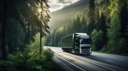 green truck on the long road with beautiful dark forest summer in morning, Generative Ai. - obrazy, fototapety, plakaty