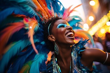 vibrant and colorful medium shot of a carnival dancer in Rio de Janeiro, capturing the essence of the city's famous Carnival. The dancer is adorned in a flamboyant costume, full of bright feathers and