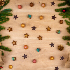 Chocolate pralines with christmas background - christmas tree and decorations