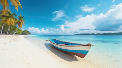 Fototapeta na wymiar Canoe on the tropical sandy beach. Beautiful summer landscape of tropical island with boat in ocean. Transition of sandy beach into turquoise water. 